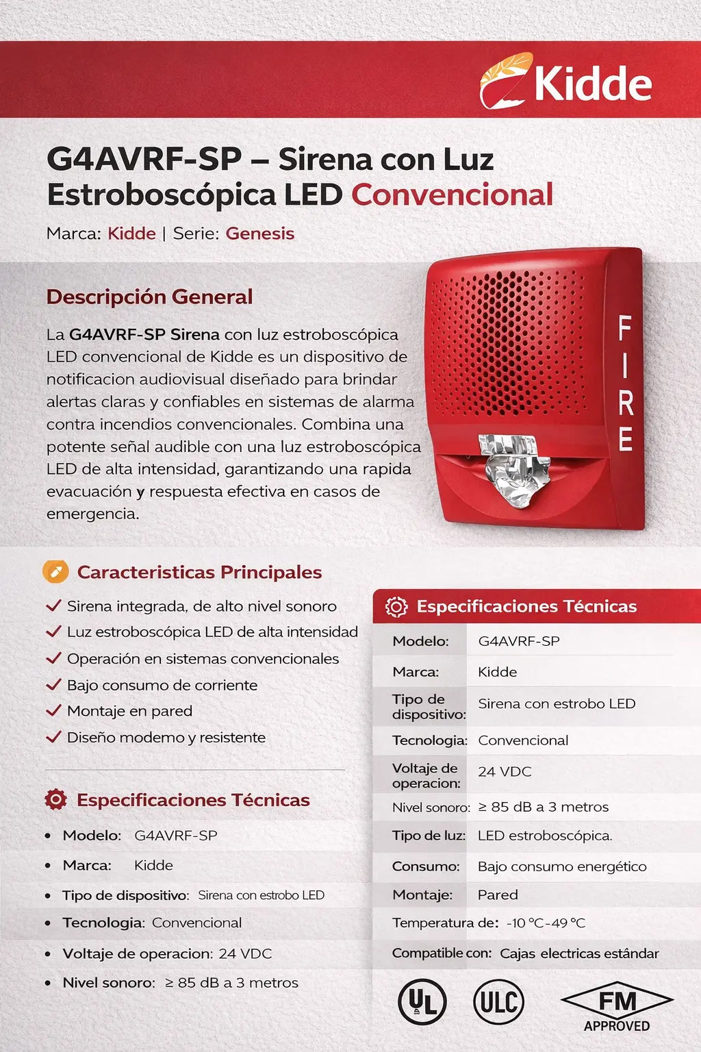 G4AVRF-SP Sirena con luz estroboscópica LED: Convencional | Kidde Edwards Kidde