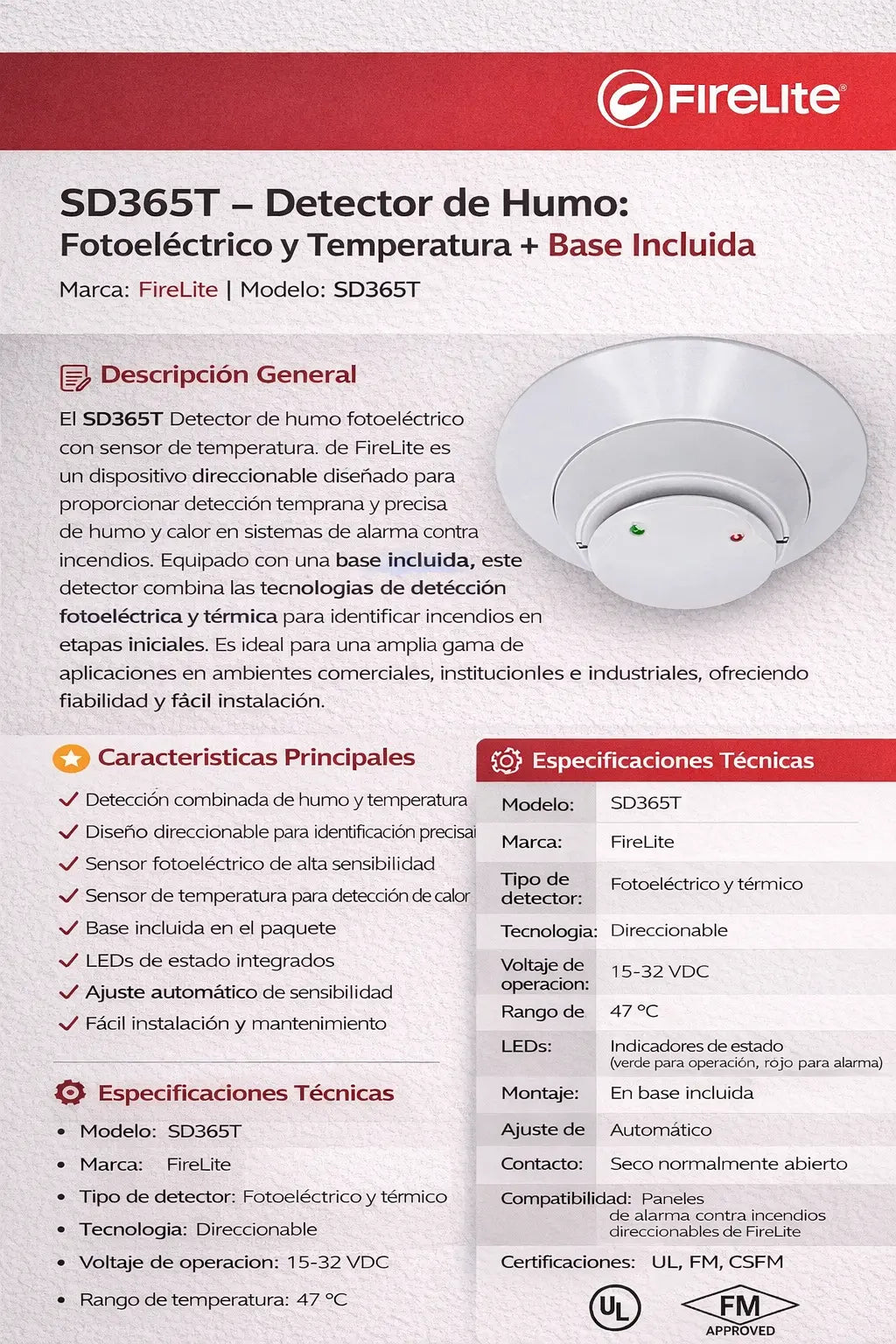 SD365T Detector de humo: Fotoeléctrico y Temperatura | FireLite FIRE LITE