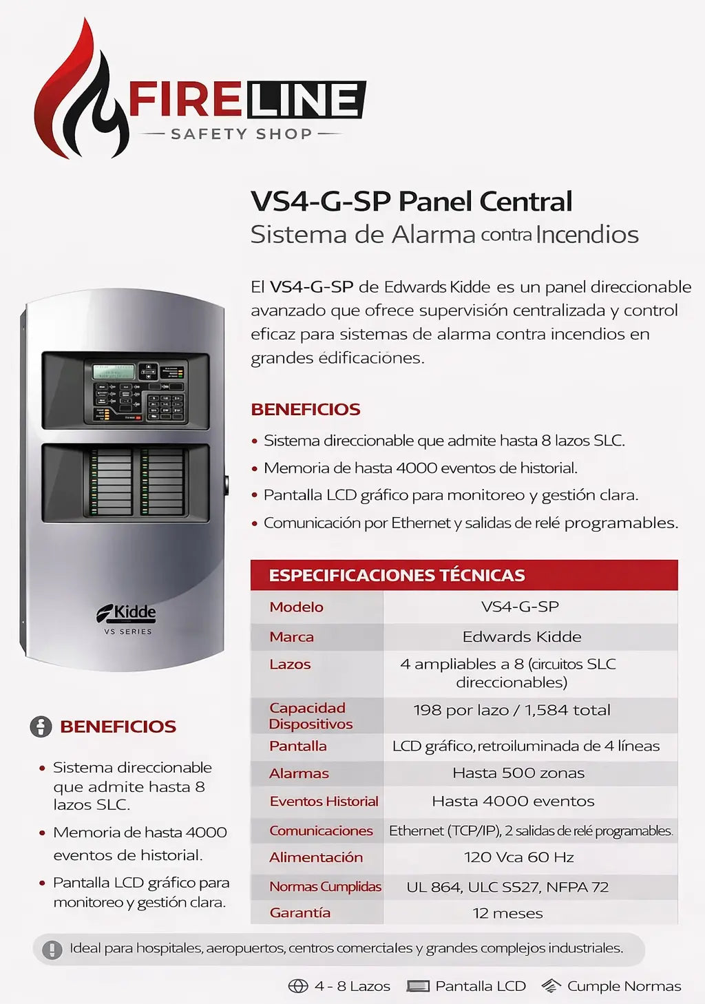 VS4-G-SP Panel central sistema de alarma contra incendios: Direccionable | Edwards Kidde Edwards Kidde