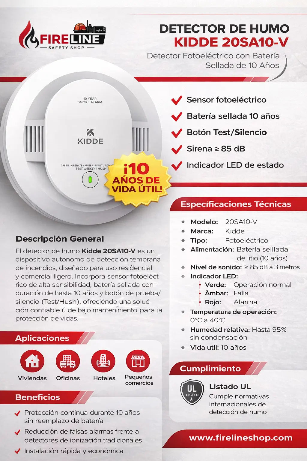 Detector de Humo Kidde 20SA10-V Cableado con Batería 10 Años y Voz Kidde