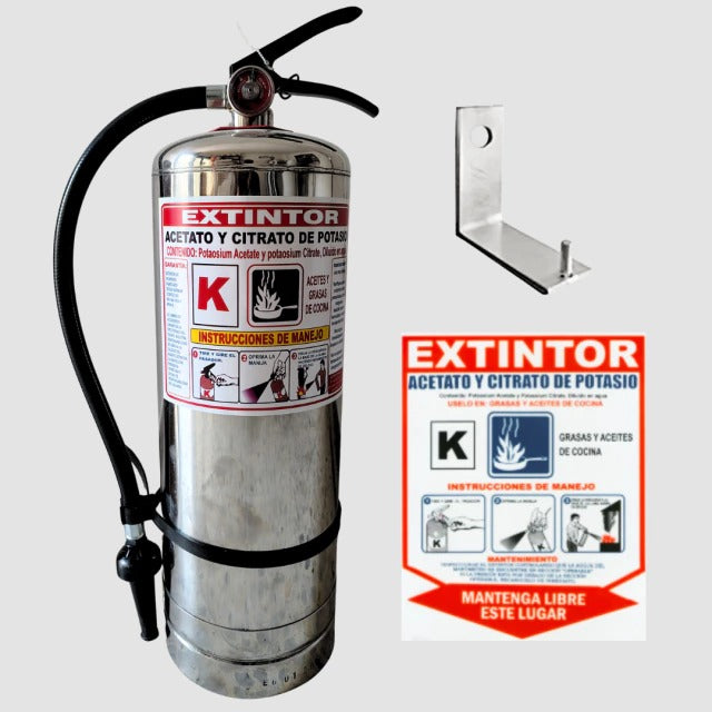 Imagen referencial de extintor tipo k 2,5 gal con soporte y señal